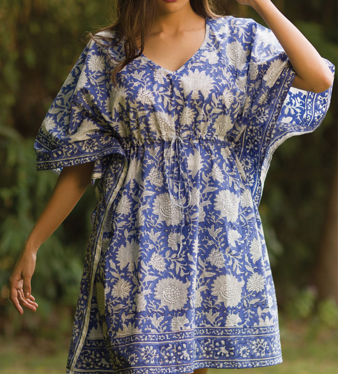 Meena Block Printed Short Caftan Navy