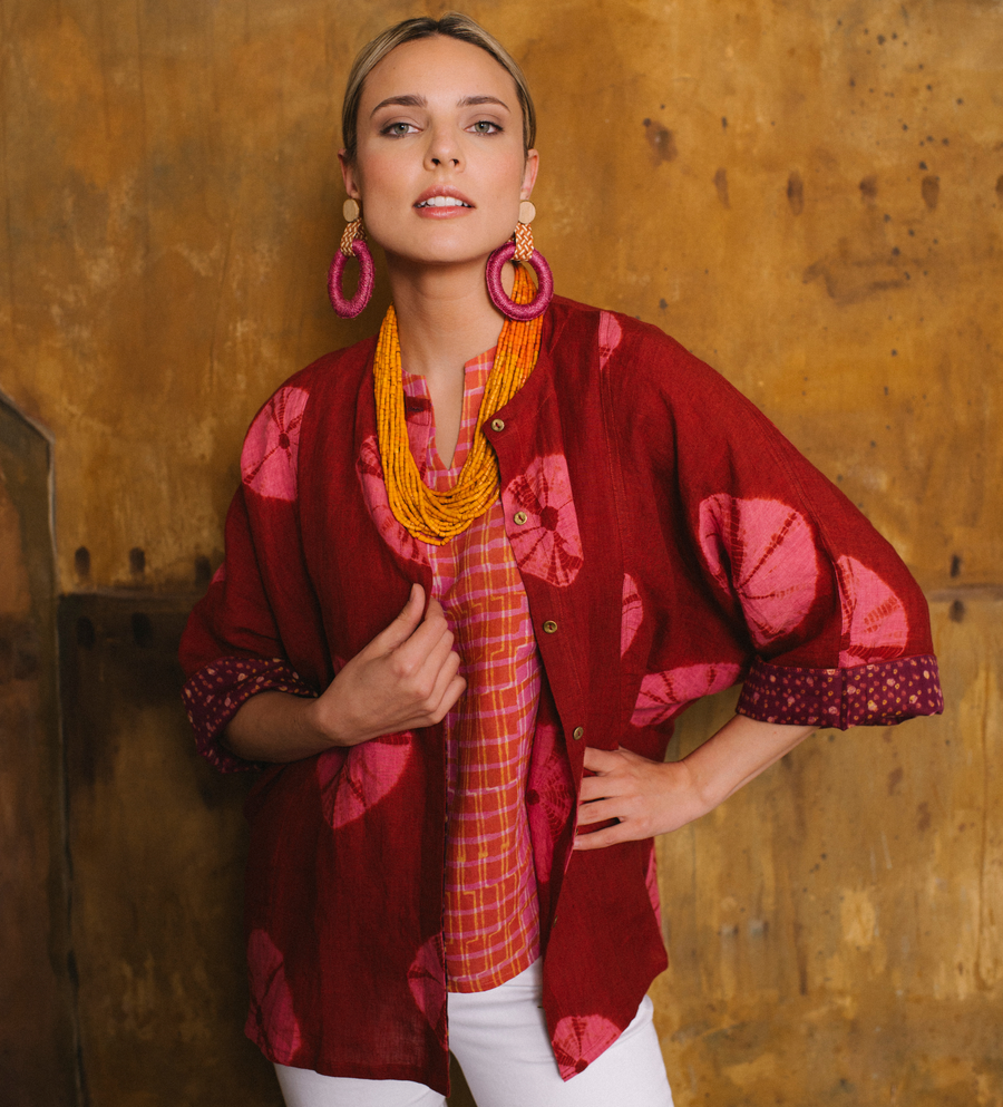 Bandhani Linen Bindi Shirt in Fuchsia