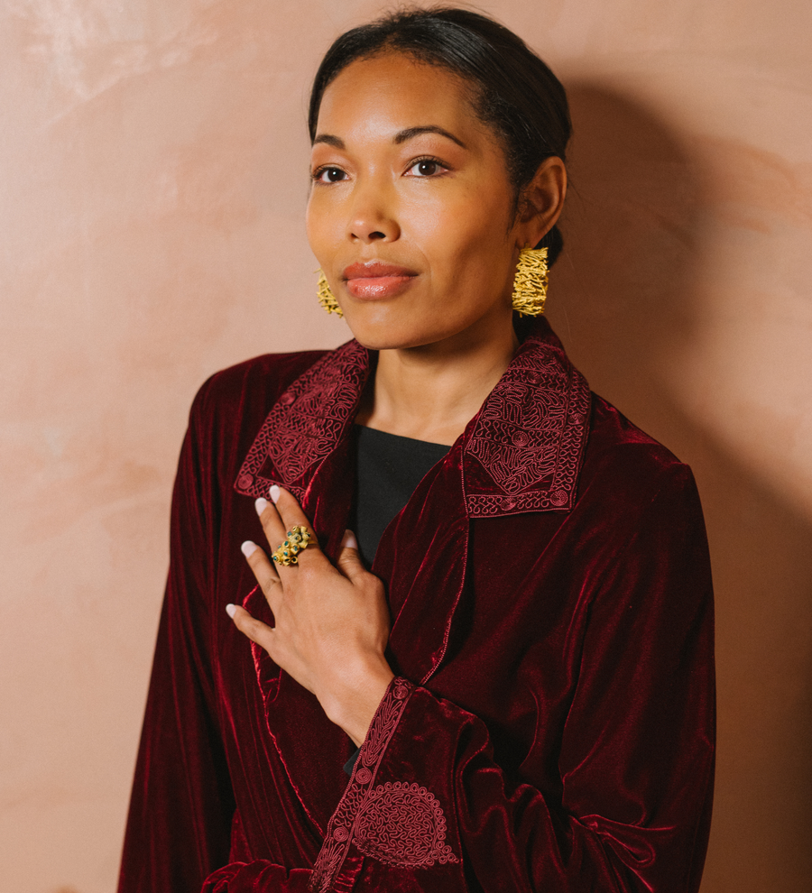 Classic Embroidered Velvet Tie Waist Jacket