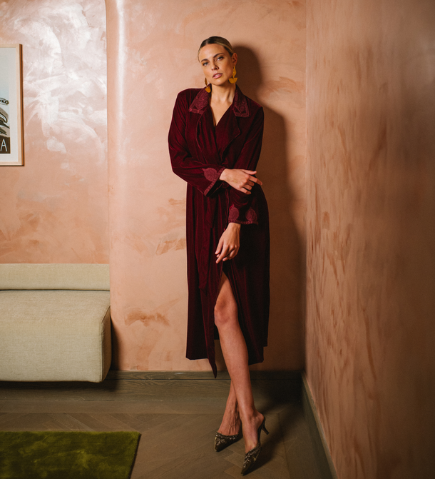 Long Embroidered Velvet Tie Waist Jacket