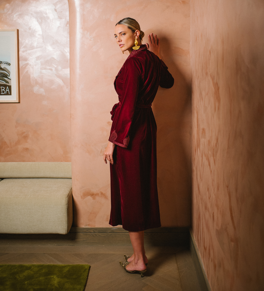 Long Embroidered Velvet Tie Waist Jacket