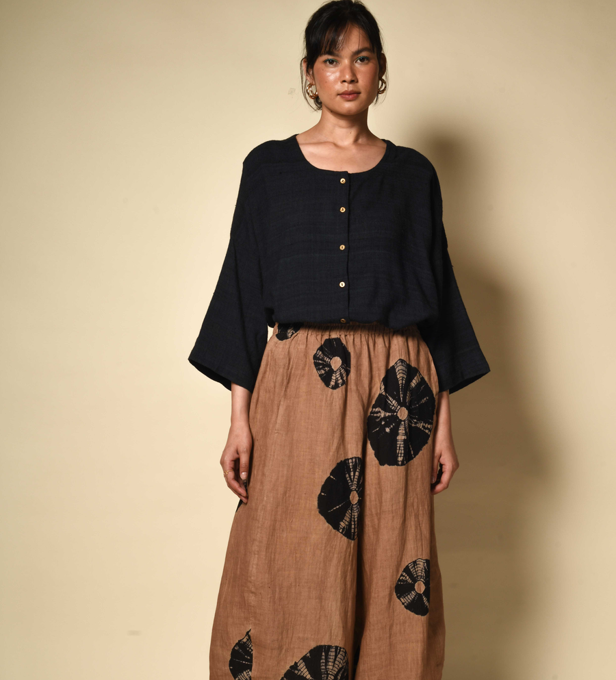 Bandhani Linen Gol Pants in Camel