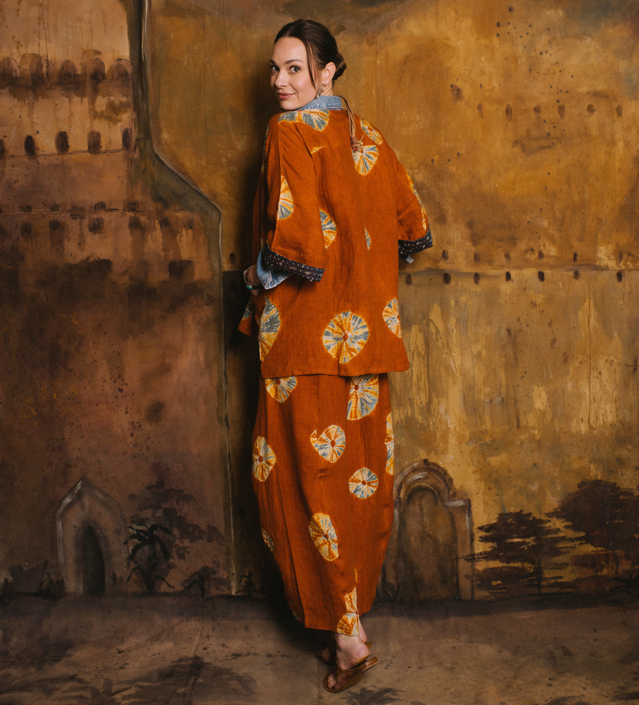 Bandhani Linen Gol Pants in Rust