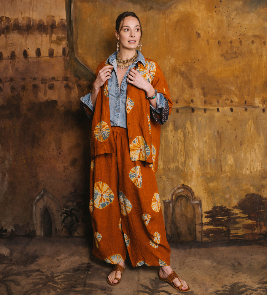 Bandhani Linen Gol Pants in Rust