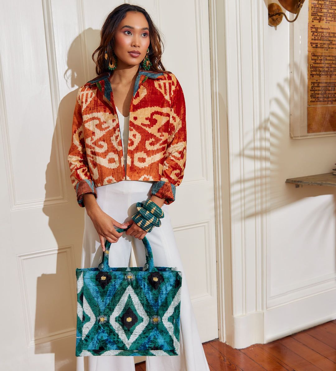 Cropped Ikat Velvet Coat: Persimmon – Ibu Movement