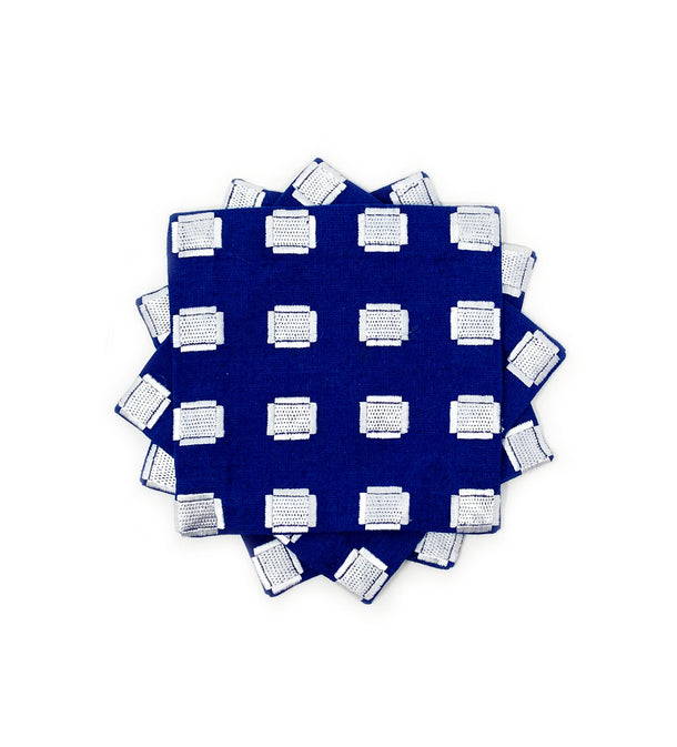 Hand Embroidered Cocktail Napkins: Navy With Silver Squares