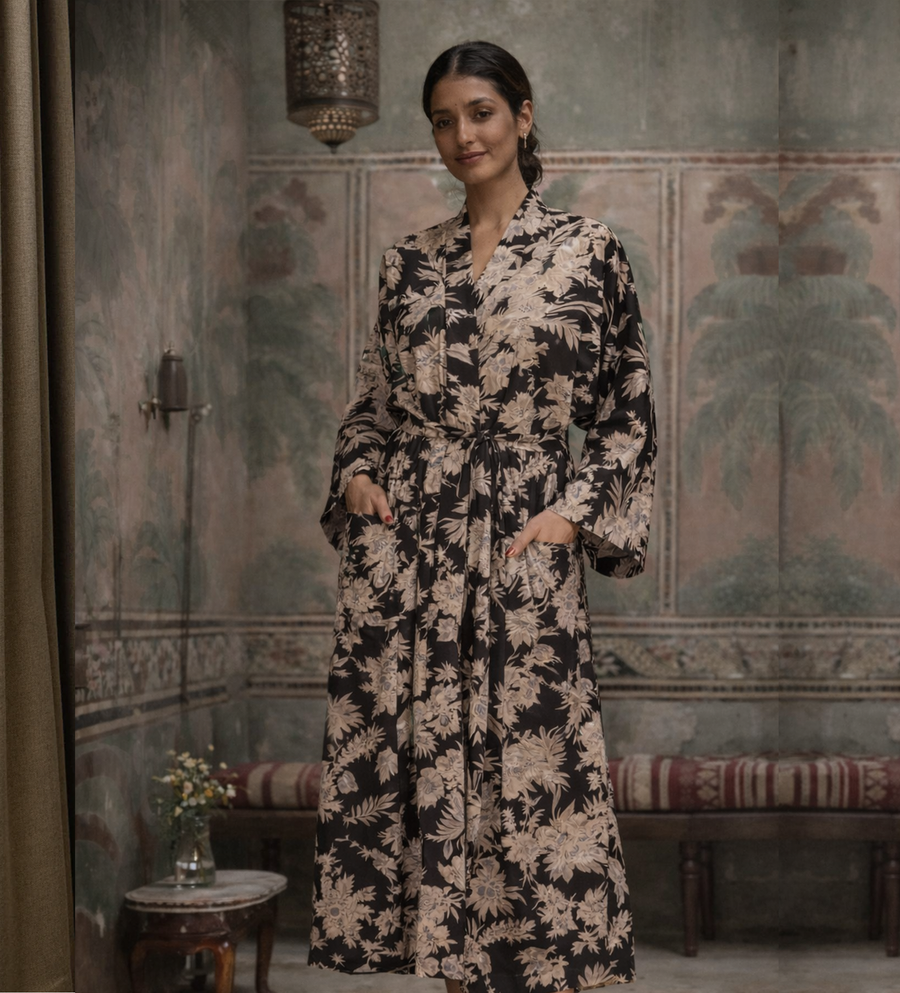 Amal Block Printed Long Kimono Robe