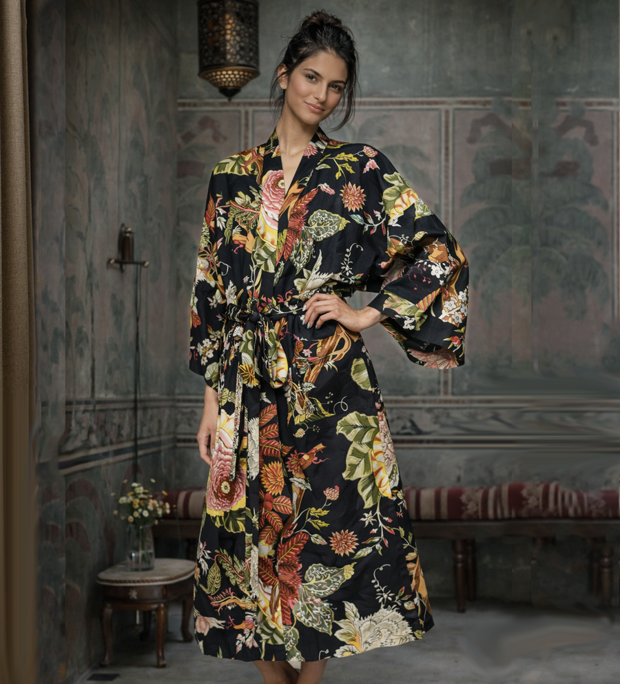 Amal Block Printed Long Kimono Robe
