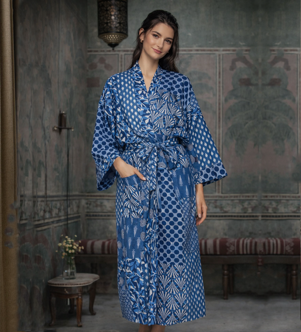 Amal Block Printed Long Kimono Robe