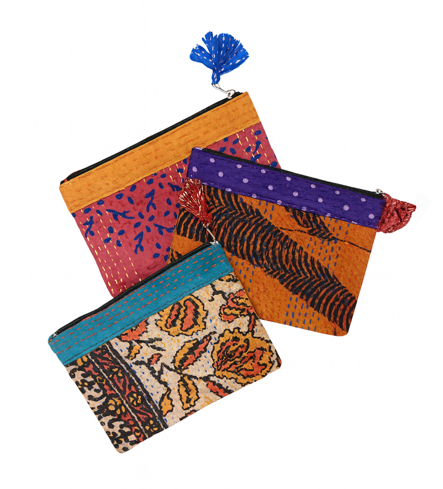 Silk Kantha Zip Pouch