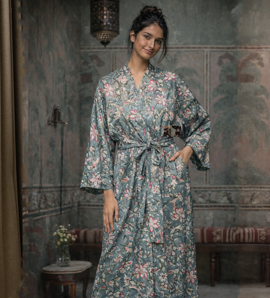 Amal Block Printed Long Kimono Robe